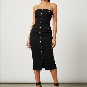 Chic Strapless Black Dress with Gold Button Accents